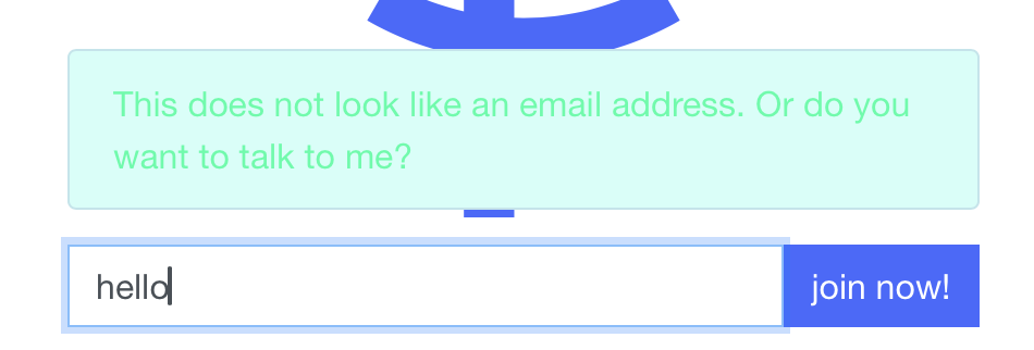 A screenshot showing a newsletter subscription form that switches to an ELIZA chat if you enter any text that is not an email address.