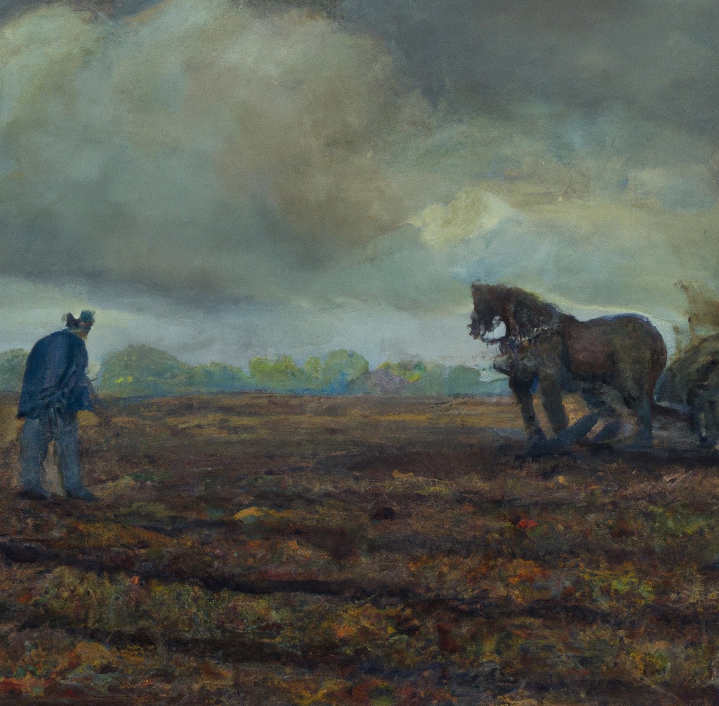 a gloomy oil painting of a farmer tending to a field with a horse-drawn ploughshare, made with DALL-E