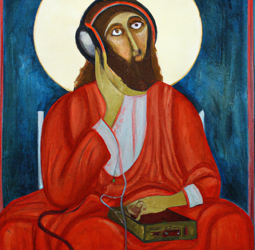 Painting of a saint listening to music, made with DALL-E