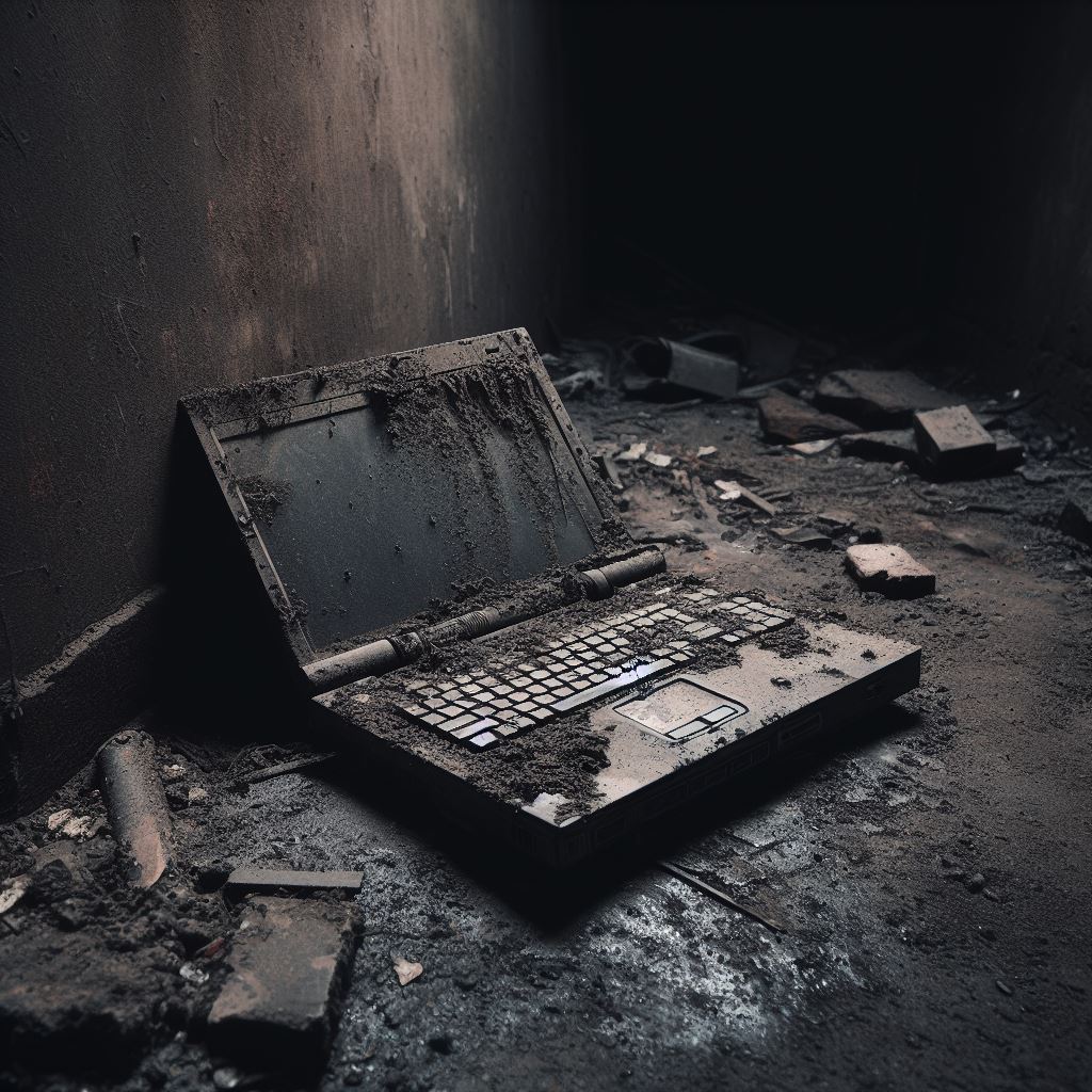 'an old discarded laptop lying in a back alley' created by DALL-E 3